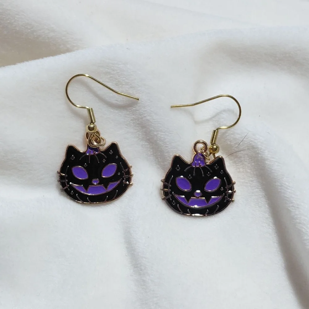 Women's Unbranded Black Purple Halloween Cat Pumpkin Dangle Earrings One Size
